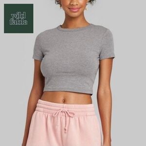 🟣 XS Wild Fable Women's Short Sleeve Crewneck T-Shirt Grey Crop Top